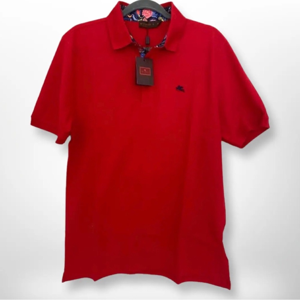 ETRO Men's Red Cotton Piquet Polo With Pegasus Size Small